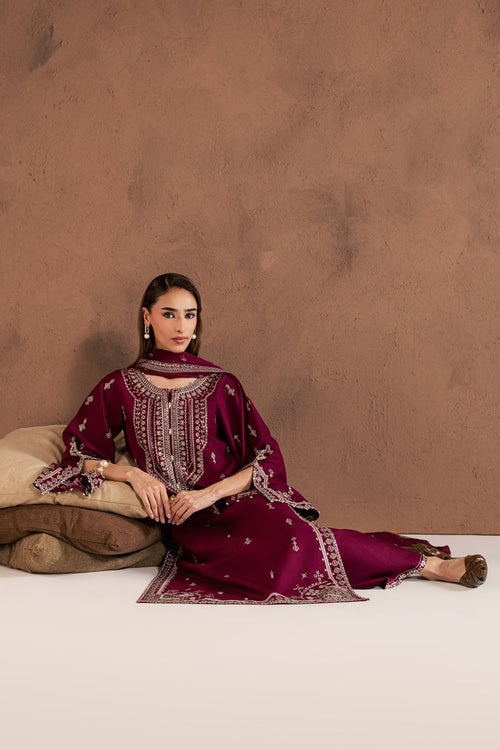 Ready to Wear 3Pc Burgundy Cambric Dress