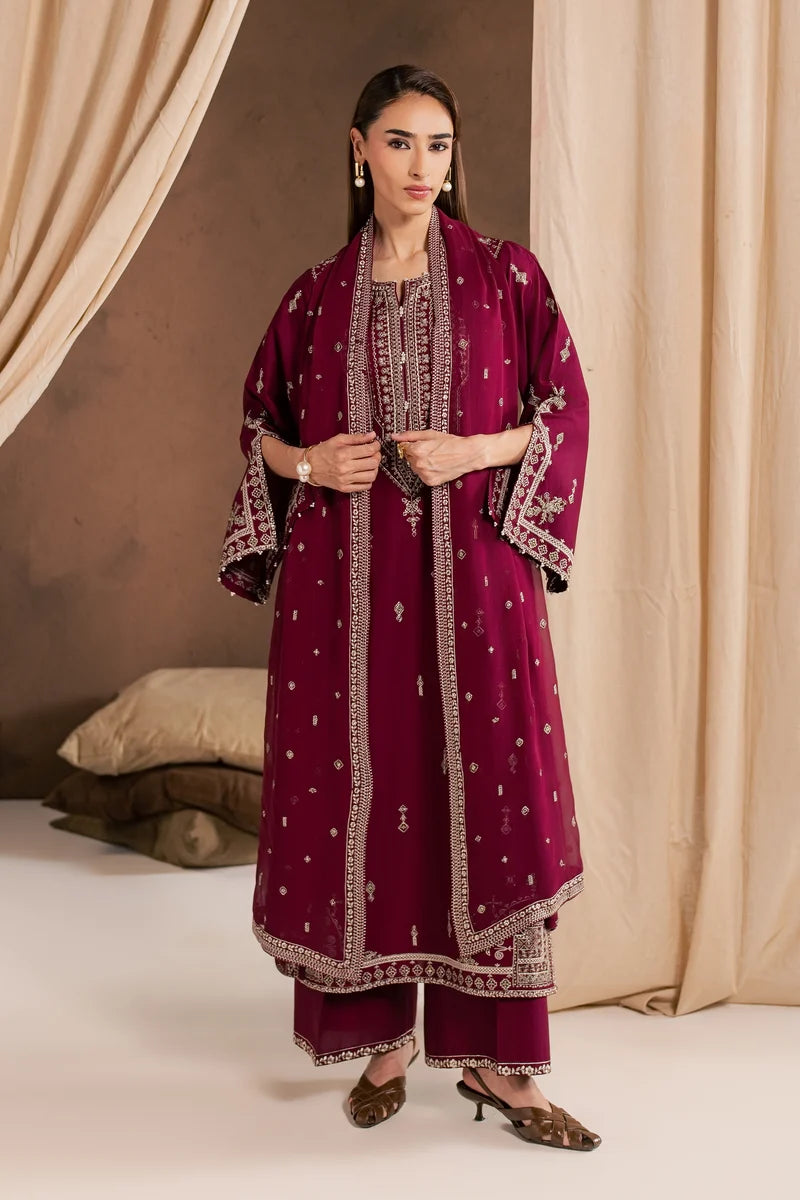 Ready to Wear 3Pc Burgundy Cambric Dress