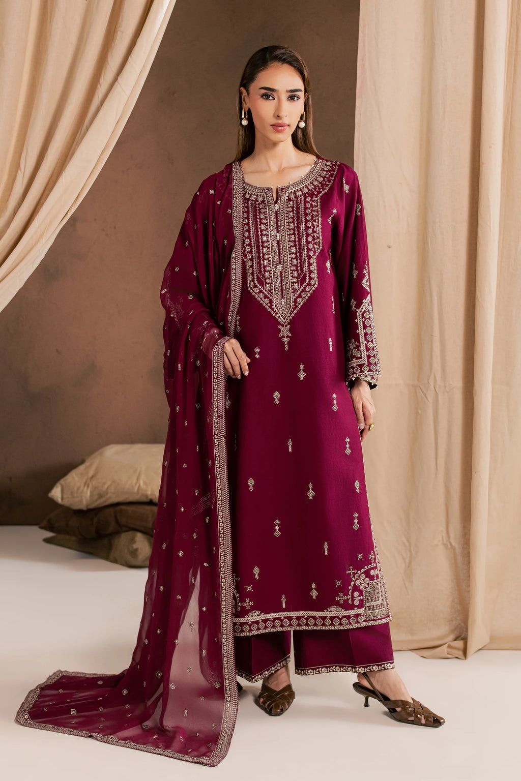 Ready to Wear 3Pc Burgundy Cambric Dress