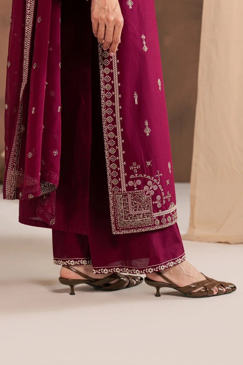 Ready to Wear 3Pc Burgundy Cambric Dress