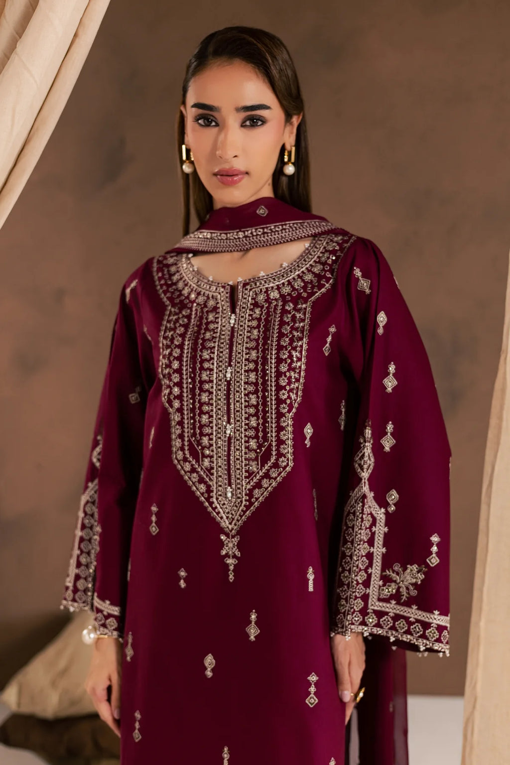 Ready to Wear 3Pc Burgundy Cambric Dress