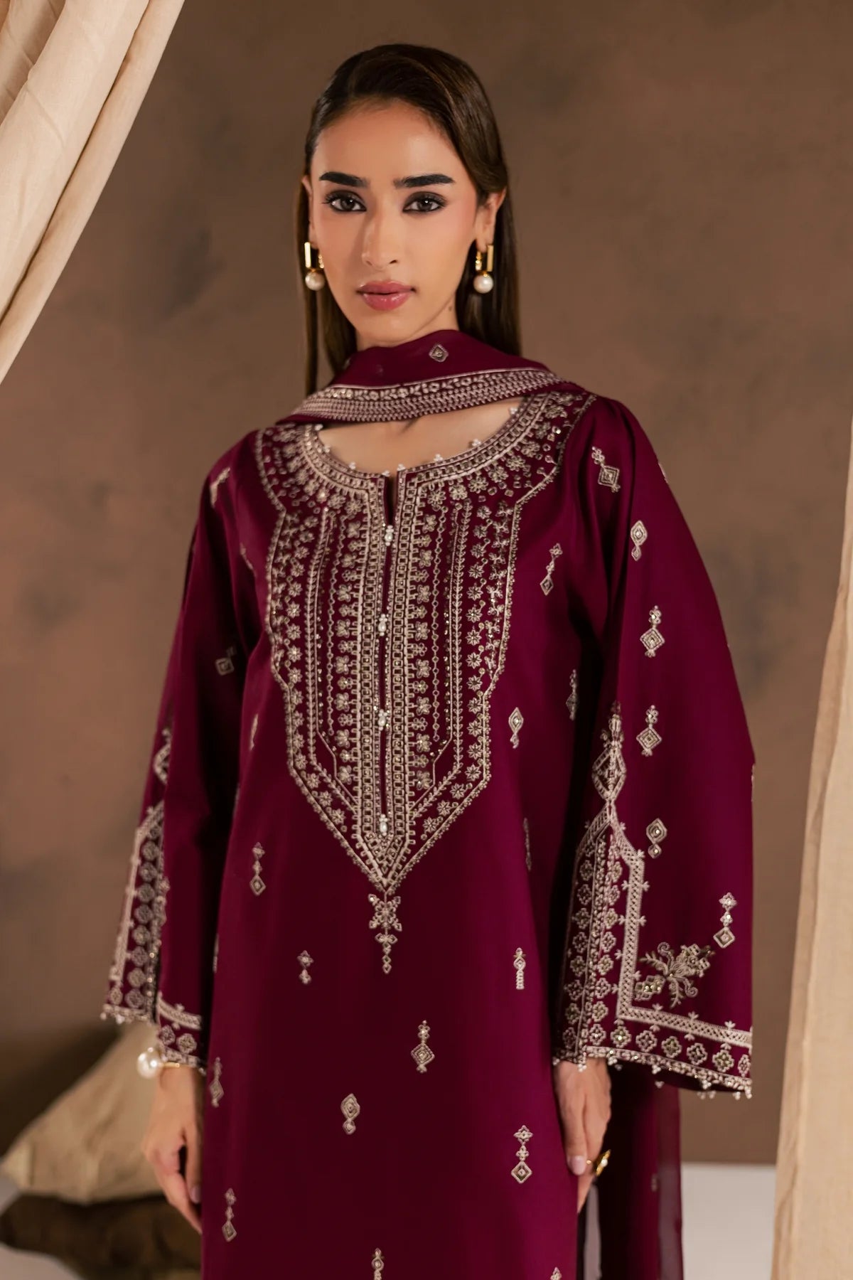 Ready to Wear 3Pc Burgundy Cambric Dress