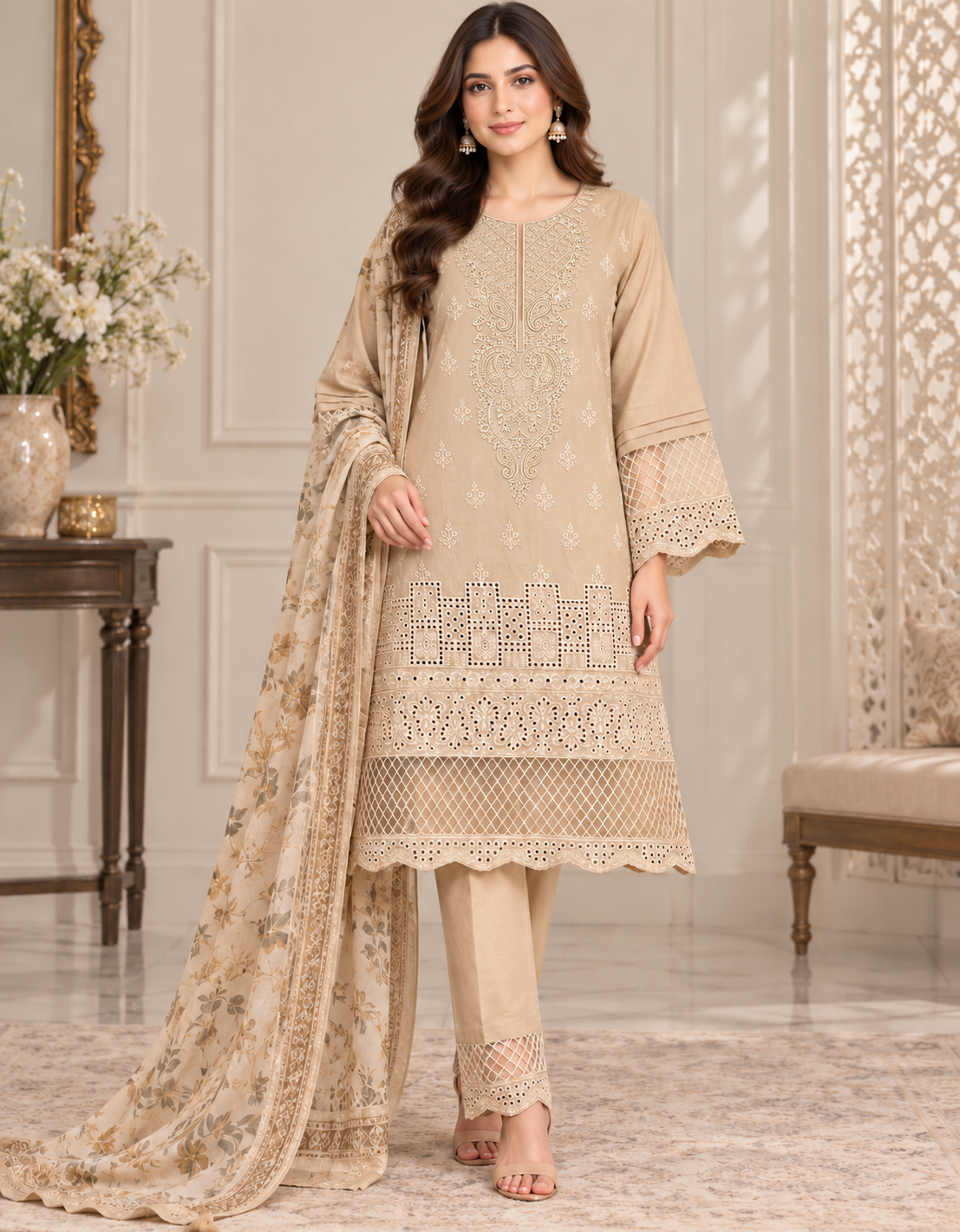 NS DOT 10 embroidered suit in Beige Tan